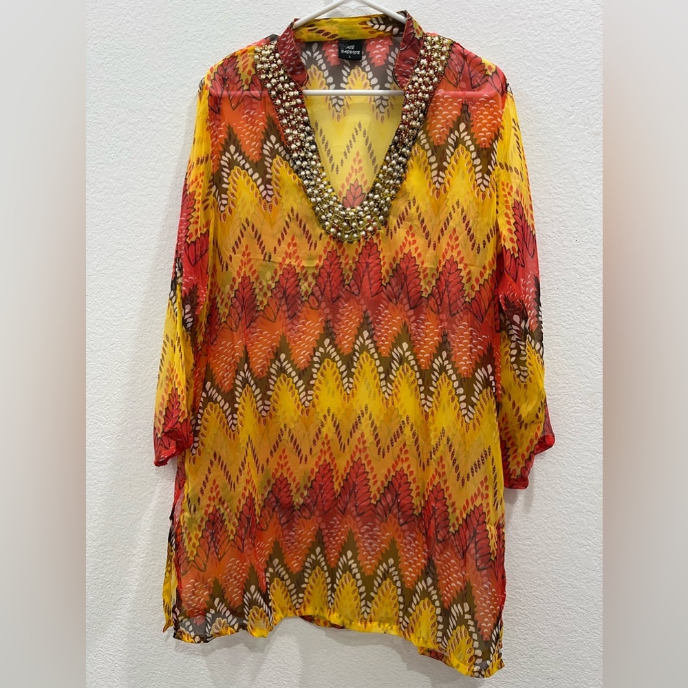ACE FASHION METAL BEADED V NECK COLLAR SHEER PRINTED TOP COVER UP SIZE L YELLOW